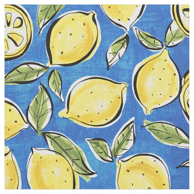 Rustic Lemon Pattern Blue  Fabric (Close Up)
