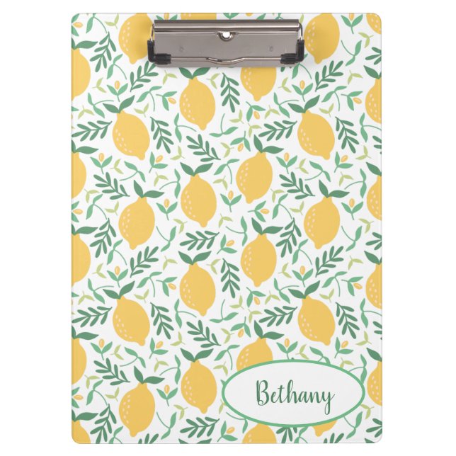 Rustic Lemon Pattern with Green Monogram Clipboard (Front)