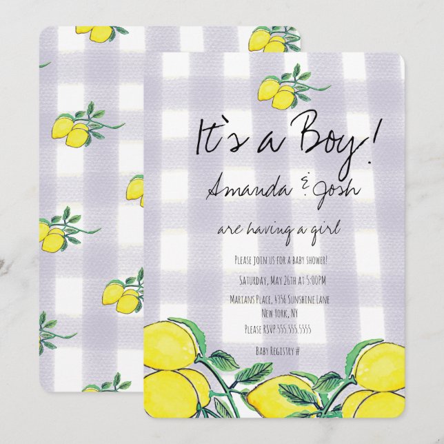 Rustic Lemon Watercolor Citrus Country Baby Shower Invitation (Front/Back)