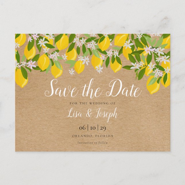 Rustic Lemons Blossom Elegant Save the Date Postcard (Front)