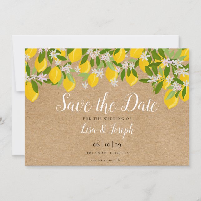 Rustic Lemons Blossom Elegant Script Save The Date (Front)