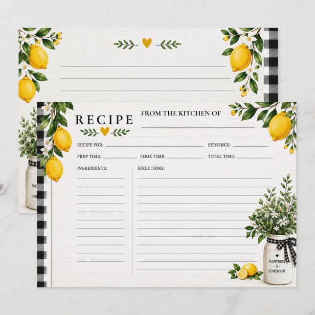 Rustic Lemons Buffalo Check Recipe Cards (Front/Back)