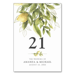 Rustic Lemons Greenery Wedding Table Tent Sign Number