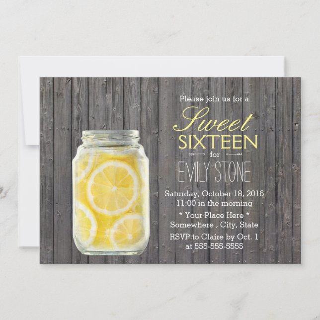 Rustic Lemons Jar & Barn Wood Sweet 16 Invitation (Front)