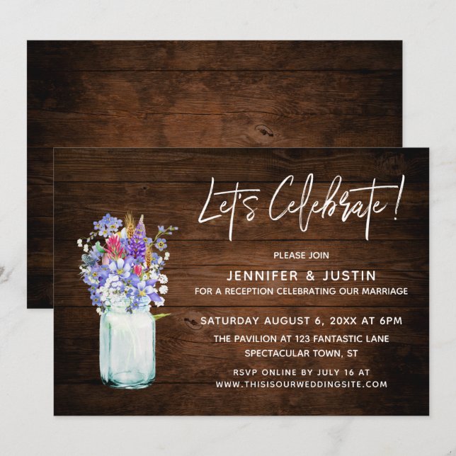 Rustic Let's Celebrate Wildflowers in Mason Jar Invitation (Front/Back)