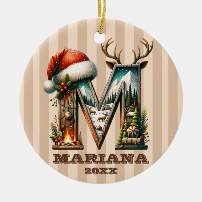 Rustic Letter M Christmas with Cosy Cabin Charm Ceramic Ornament (Front)