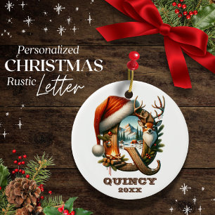 Rustic Letter Q Christmas Scene Personalizable Ceramic Ornament