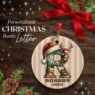Rustic Letter R Cosy Woodland Christmas Name Date Ceramic Ornament