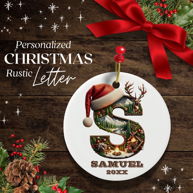 Rustic Letter S Festive Winter Scene Personalised Ceramic Ornament (Creator Uploaded)