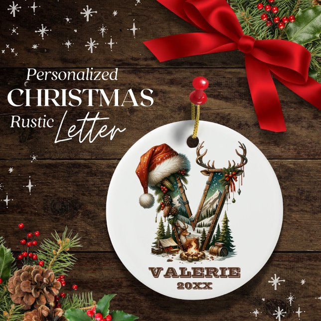 Rustic Letter V Personalizable Holiday Gift Ceramic Ornament (Creator Uploaded)