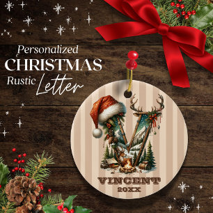 Rustic Letter V Vintage Holiday Personalised Ceramic Ornament