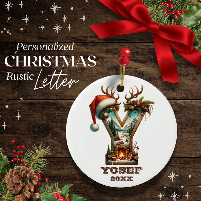 Rustic Letter Y Christmas Personalised Initial Ceramic Ornament (Creator Uploaded)