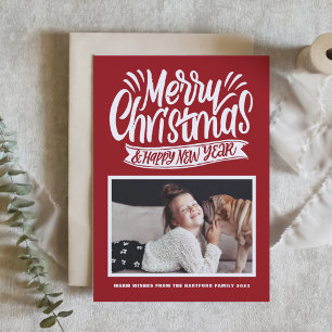 Rustic Lettering Red Merry Christmas Photo Holiday Card