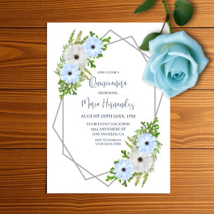 Rustic Light Blue and White Floral Quinceañera  Vellum Invitations