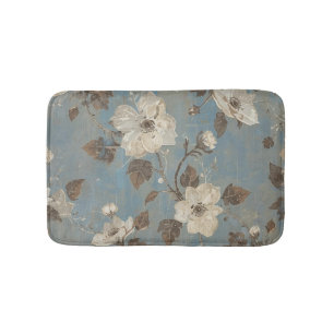 Rustic Light Blue Cocoa Brown Floral Print Bath Mat