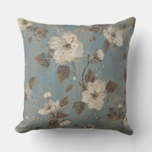 Rustic Light Blue Cocoa Brown Floral Print Cushion