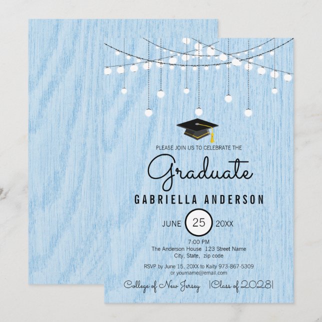 Rustic Light Blue Faux Wood Yet Simple Graduation Invitation (Front/Back)