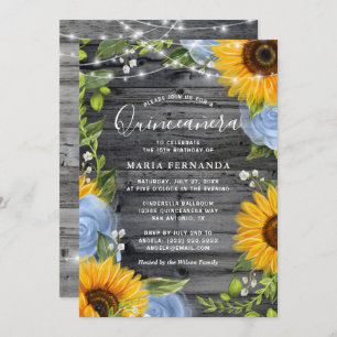 Rustic Light Blue Roses Sunflower Quinceanera Invitation