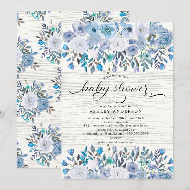 Rustic Light Blue Watercolor Floral Baby Shower Invitation (Front/Back)
