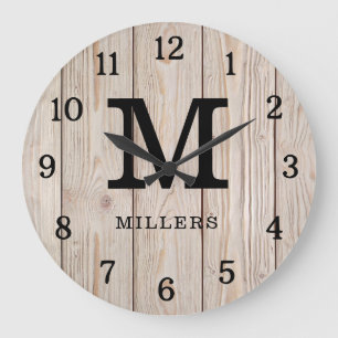 Rustic Light Brown Wood Family Name Monogrammed   Large Clock