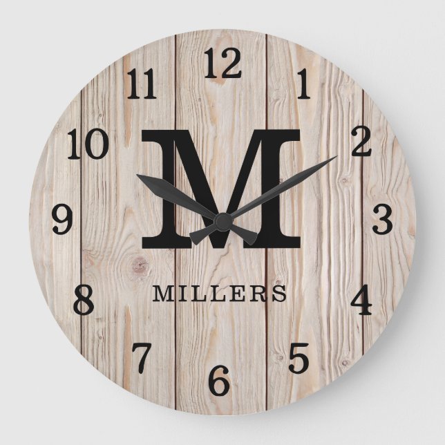 Rustic Light Brown Wood Family Name Monogrammed   Large Clock (Front)