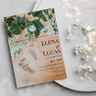 Rustic light brown wood floral backyard wedding invitation