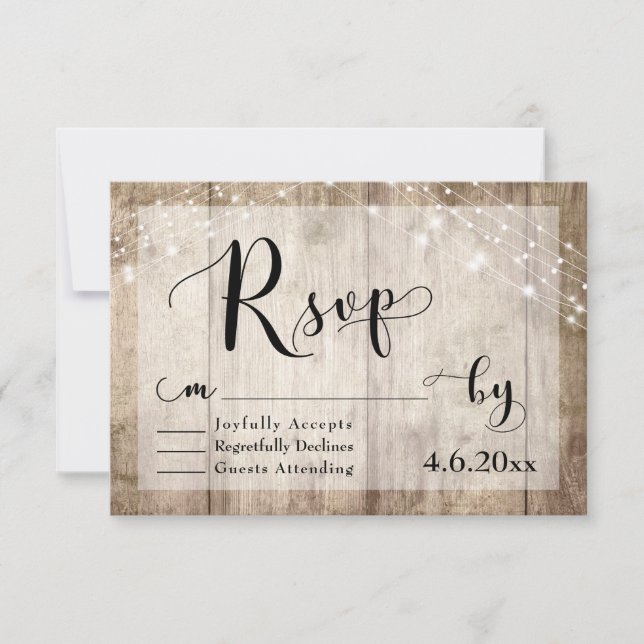 Rustic Light Brown Wood & Lights Wedding RSVP 3 (Front)