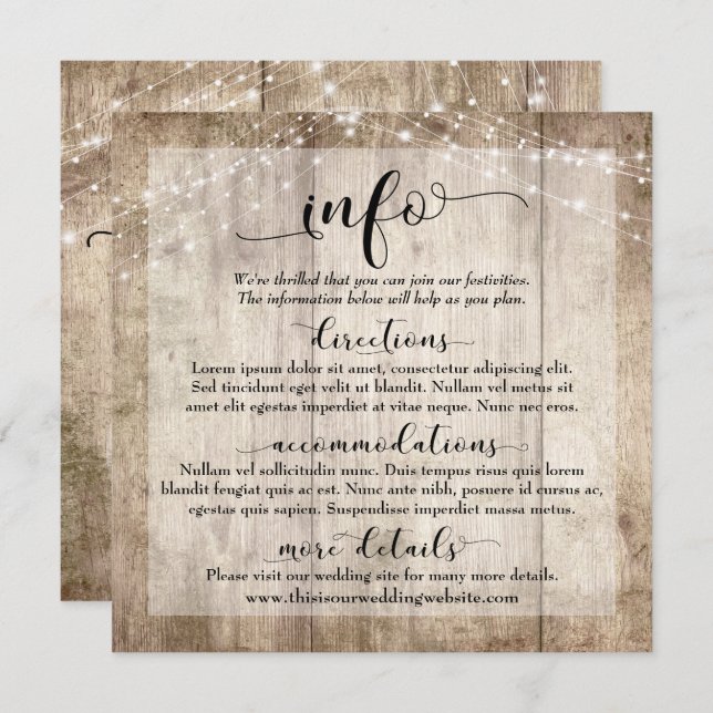 Rustic Light Brown Wood w/ Lights, Wedding Info Invitation (Front/Back)