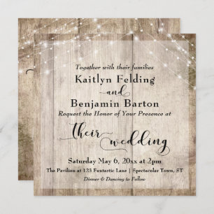 Rustic Light Brown Wood & White Lights Wedding 2 Invitation