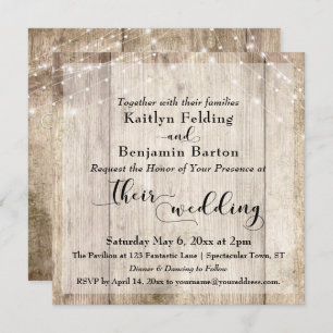 Rustic Light Brown Wood & White Lights Wedding 3 Invitation