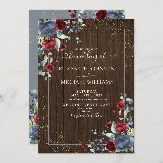 Rustic Light Dusty Blue Burgundy Wood Floral Invitation (Front/Back)