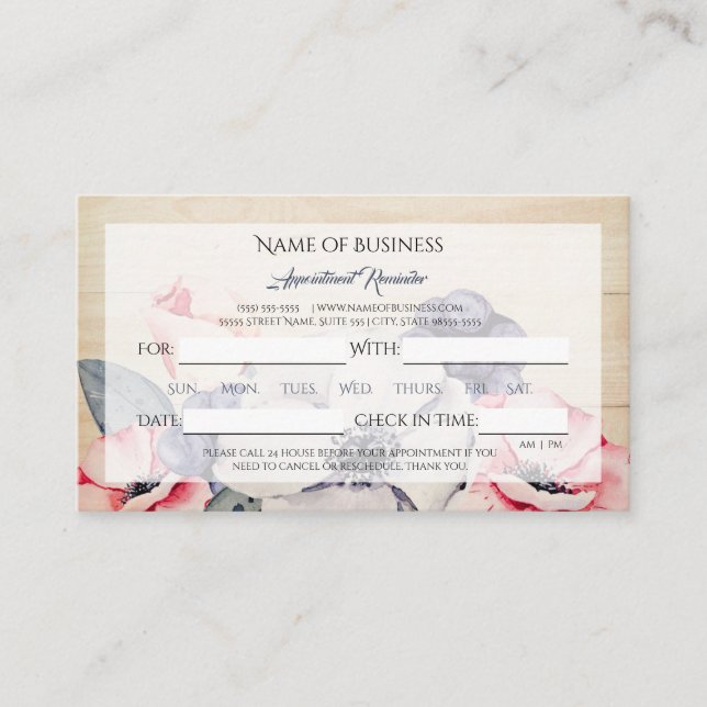 Rustic Light Wood Summer Blossom Appointment Card (Front)