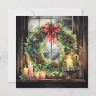 Rustic lighted Christmas wreath Card