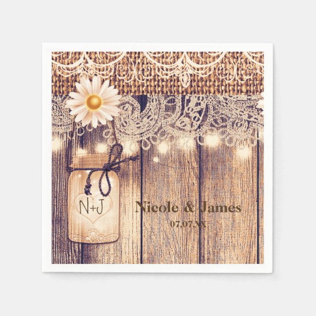 Rustic Lighted Mason Jars Daisies & Lace Wedding Napkin (Front)