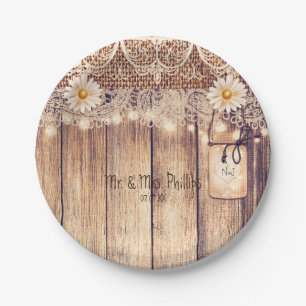 Rustic Lighted Mason Jars Daisies & Lace Wedding Paper Plate