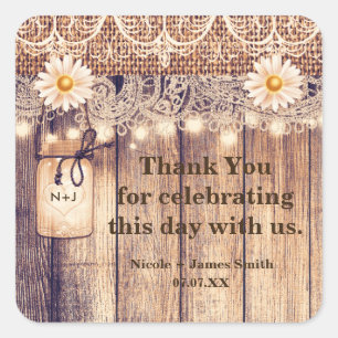 Rustic Lighted Mason Jars Daisies & Lace Wedding Square Sticker