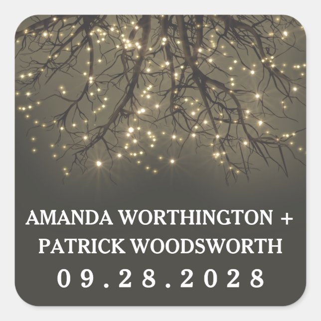 Rustic Lighted Tree Branch Wedding Favour Stickers (Front)