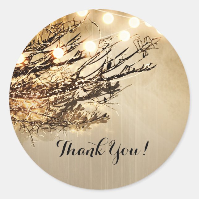 Rustic Lighted Tree Branches & Lights Wedding Classic Round Sticker (Front)