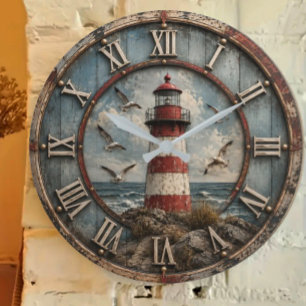 Rustic Lighthouse Coastal Nautical Beach House  Large Clock