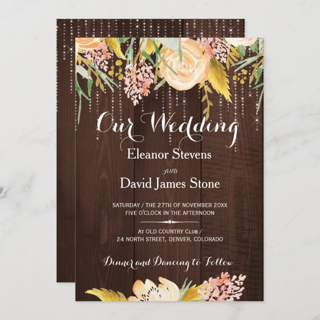 Rustic lights barn wood botanical floral wedding invitation (Front/Back)