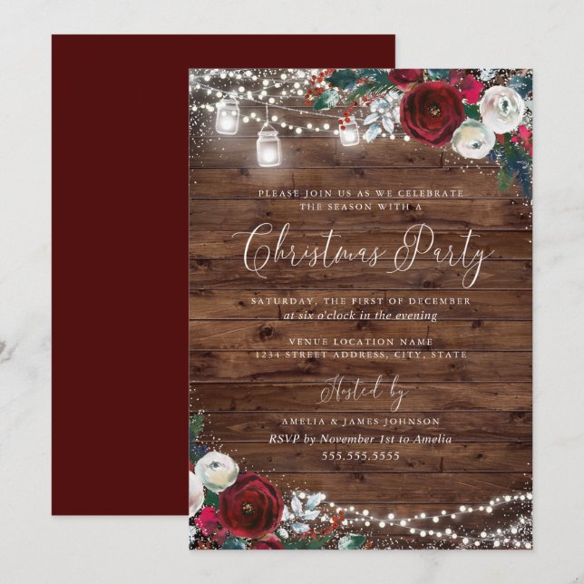 Rustic Lights Burgundy Floral Snow Christmas Invitation (Front/Back)