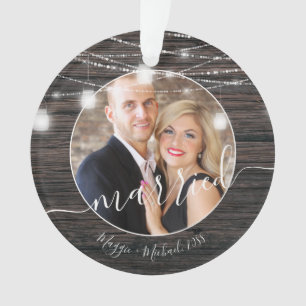 Rustic Lights First Christmas Married Photo Ornament