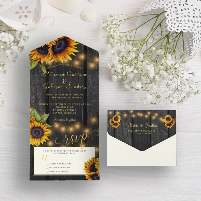 Rustic lights gold sunflowers barn wood wedding all in one invitation (Creator Uploaded)