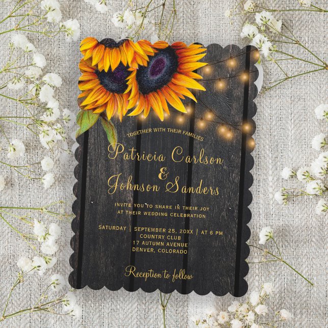 Rustic lights gold sunflowers barn wood wedding invitation (Creator Uploaded)