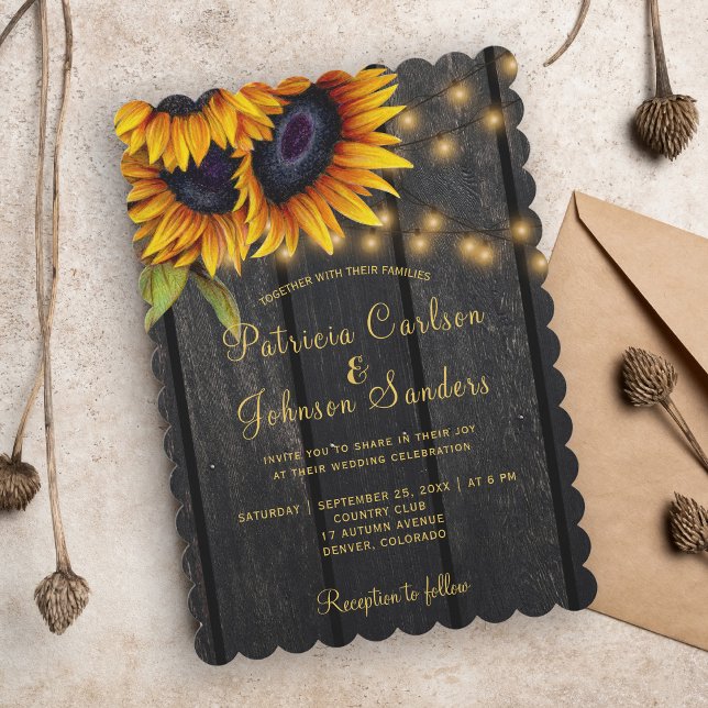 Rustic lights gold sunflowers barn wood wedding invitation (Creator Uploaded)