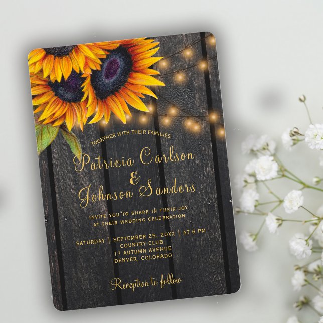 Rustic lights gold sunflowers barn wood wedding invitation (Creator Uploaded)