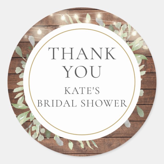 Rustic Lights Greenery Bridal Shower Thank You Classic Round Sticker (Front)