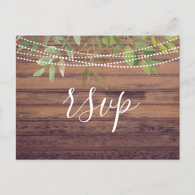 Rustic Lights Greenery Wedding RSVP Postcard (Front)