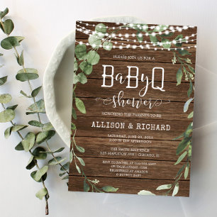 Rustic lights greenery wood BBQ baby shower Invitation