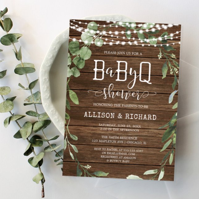 Rustic lights greenery wood BBQ baby shower Invitation (Creator Uploaded)